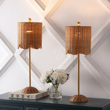 Celerie 27.5" Coastal Bohemian Rattan/Iron Scalloped Buffet LED Table Lamps with Pull Chain (Set of 2)